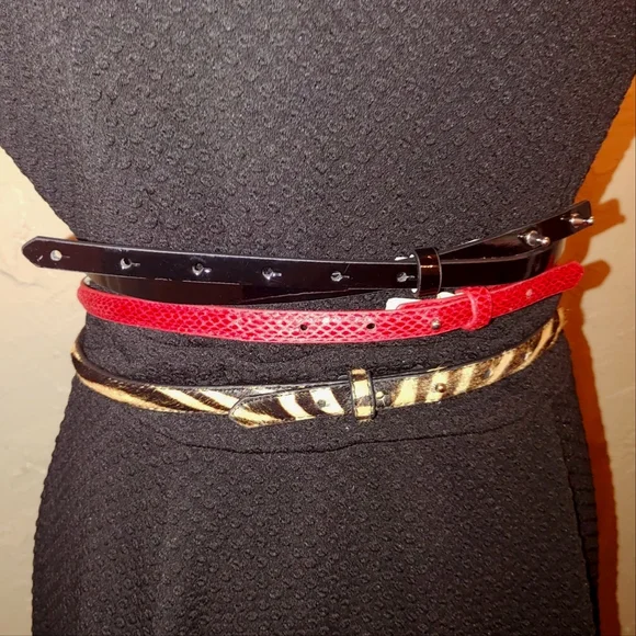 White House Black Market 3 Thin Textured Waist Belts Bows Black Red Animal Print - Picture 14 of 16